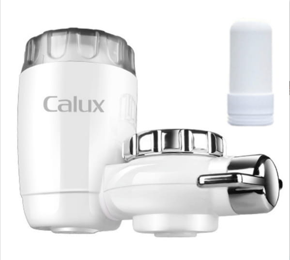 White calux faucet household kitchen front filter with a chrome-finished handle and cap for improved water filtration.