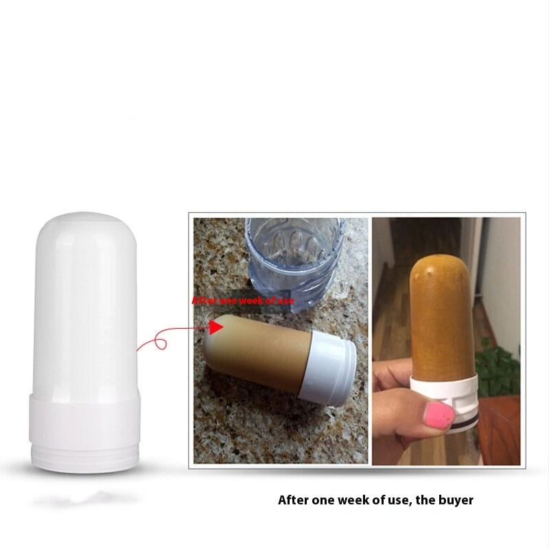 White cylindrical water filter cartridge with white plastic base and cap for faucet household kitchen front filter water filtration systems.