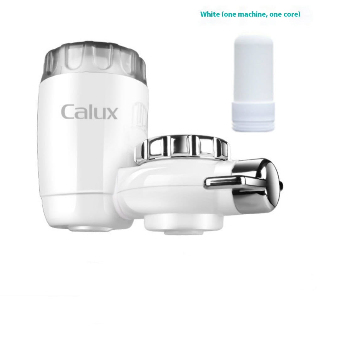 White calux faucet household kitchen front filter with a chrome finish handle and cap for improved water filtration.