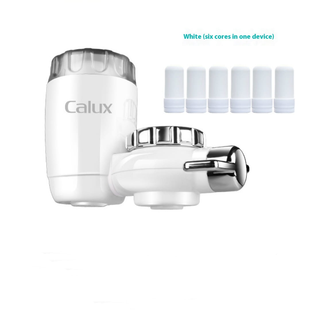 White faucet household kitchen front filter with chrome accents and six replacement cores for improved water quality.