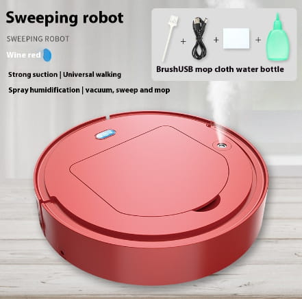 wine red circular sweeping robot commercial wireless cleaner with a sleek smooth plastic body and visible vents for spray humidification designed as an intelligent sweeping robot commercial use