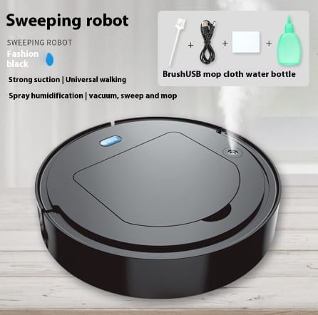 black circular sweeping robot commercial wireless with sleek modern design and blue indicator light on top for intelligent cleaning
