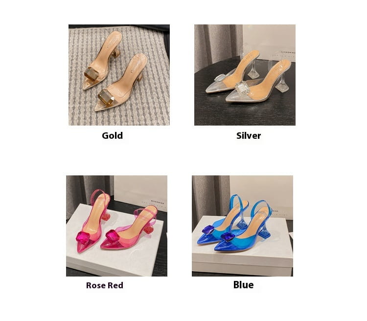 Transparent acrylic women’s high-heeled sandal with a pink satin bow detail and block heel available in gold, silver, rose red, or blue.