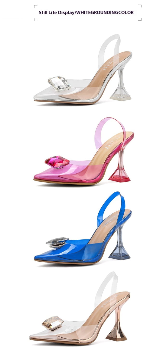 pink satin bow women’s high-heeled sandal featuring clear acrylic high-heeled design with transparent straps and a metallic buckle accent.