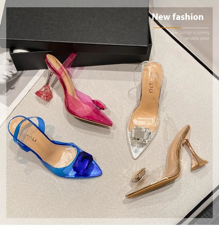 pink satin bow women’s high-heeled sandal featuring transparent high-heeled sandals in vibrant pink blue and gold with crystal-like embellishments on the toes
