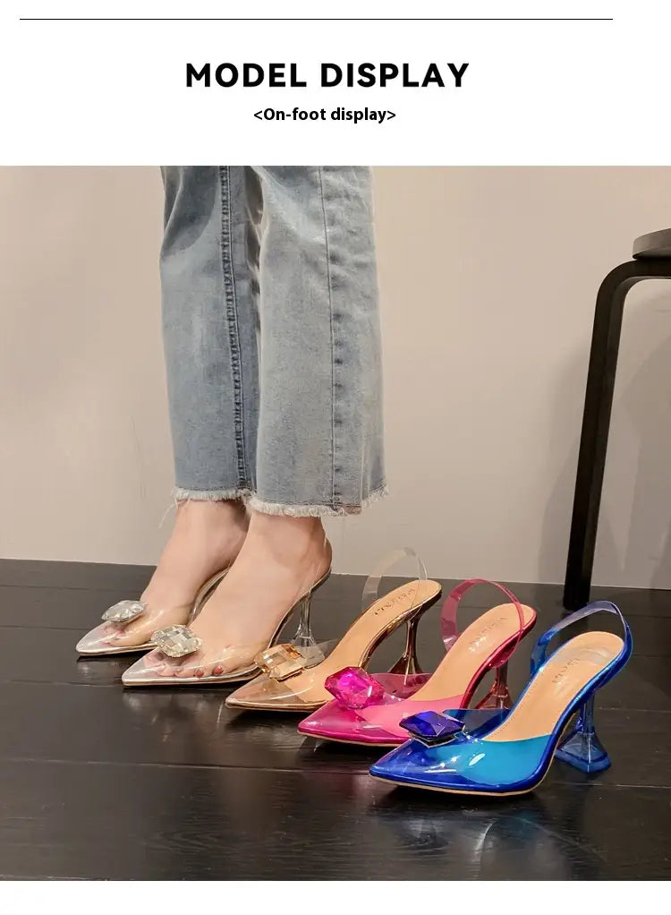 Transparent pink satin bow women’s high-heeled sandal featuring colorful glossy bows and clear heels