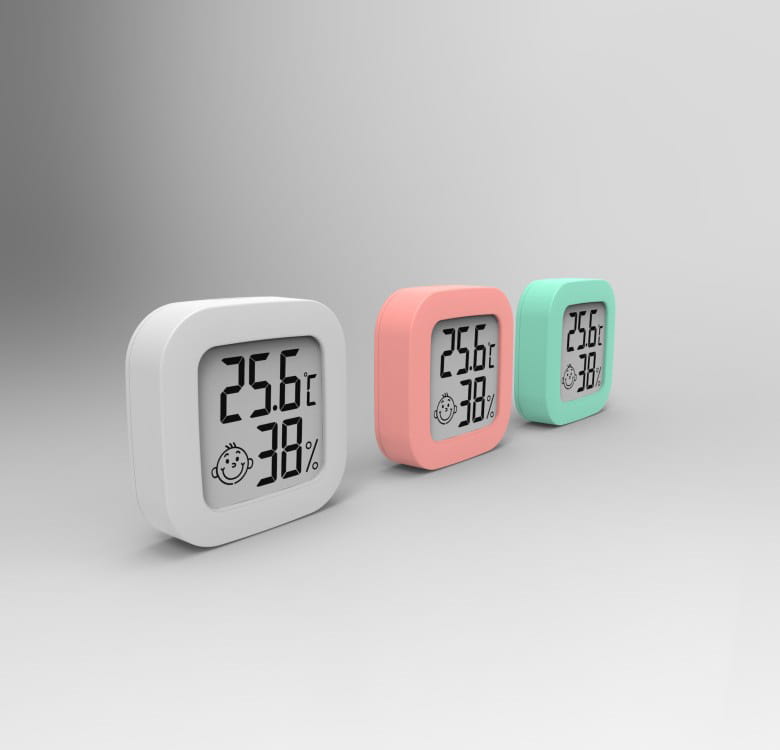 three compact square-shaped digital display temperature and humidity meters in white pink and mint green with rounded edges for electronic digital display and humidity measurement
