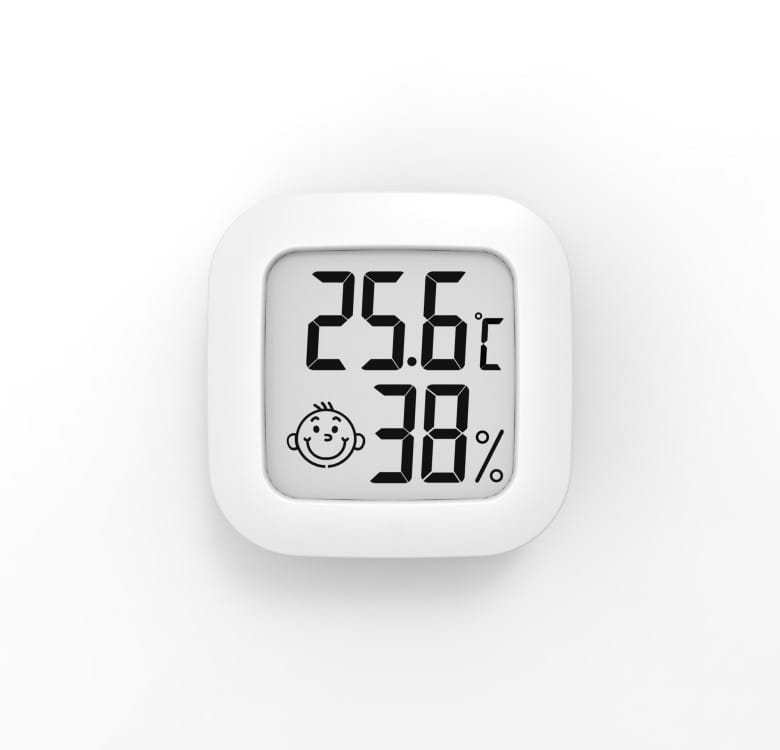 White square digital display temperature and humidity meter with rounded edges featuring an electronic digital display on a black LCD screen for accurate humidity measurement.