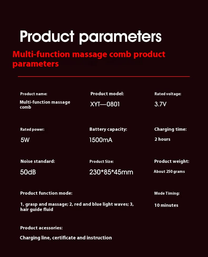 fluffy comb scalp massager infrared hair care device model xyt-0801 with 5w power, 3.7v voltage, 1500mah battery, red and blue light waves, and hair guide fluid functions.
