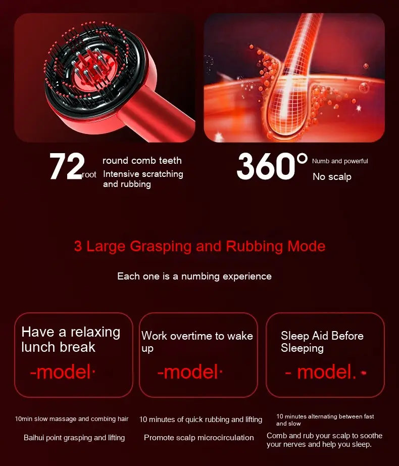 Red hair fluffy comb scalp massager with 72 round teeth designed for intensive scalp scratching and rubbing in an infrared hair care device.