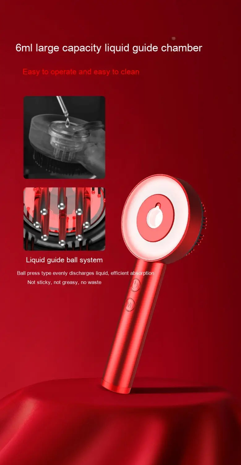 red handheld fluffy comb scalp massager infrared hair care device with a sleek cylindrical handle and circular head featuring a central nozzle surrounded by concentric rings.