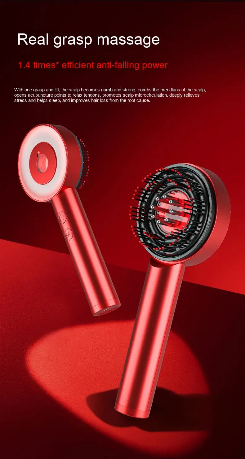 red handheld fluffy comb scalp massager infrared hair care device with a circular head featuring rotating massage nodes and a sleek metallic finish
