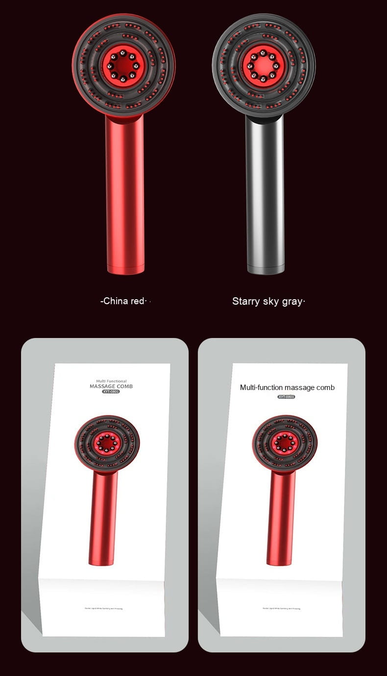 Red and silver multi-function fluffy comb scalp massager with circular heads and red accents designed as a scalp massager infrared hair care device.