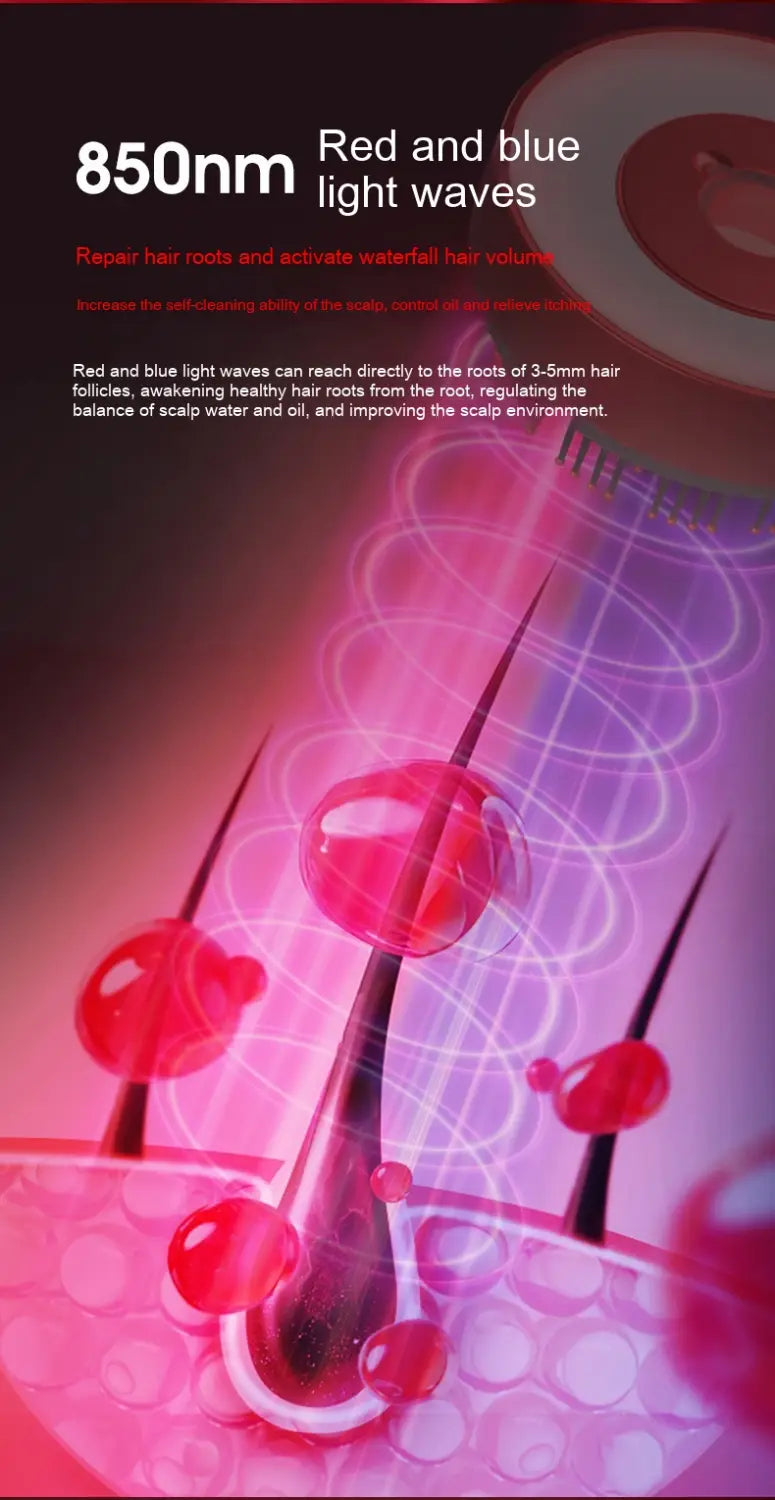 a sleek fluffy comb scalp massager infrared hair care device emitting red and blue 850nm light waves to target scalp follicles for repair