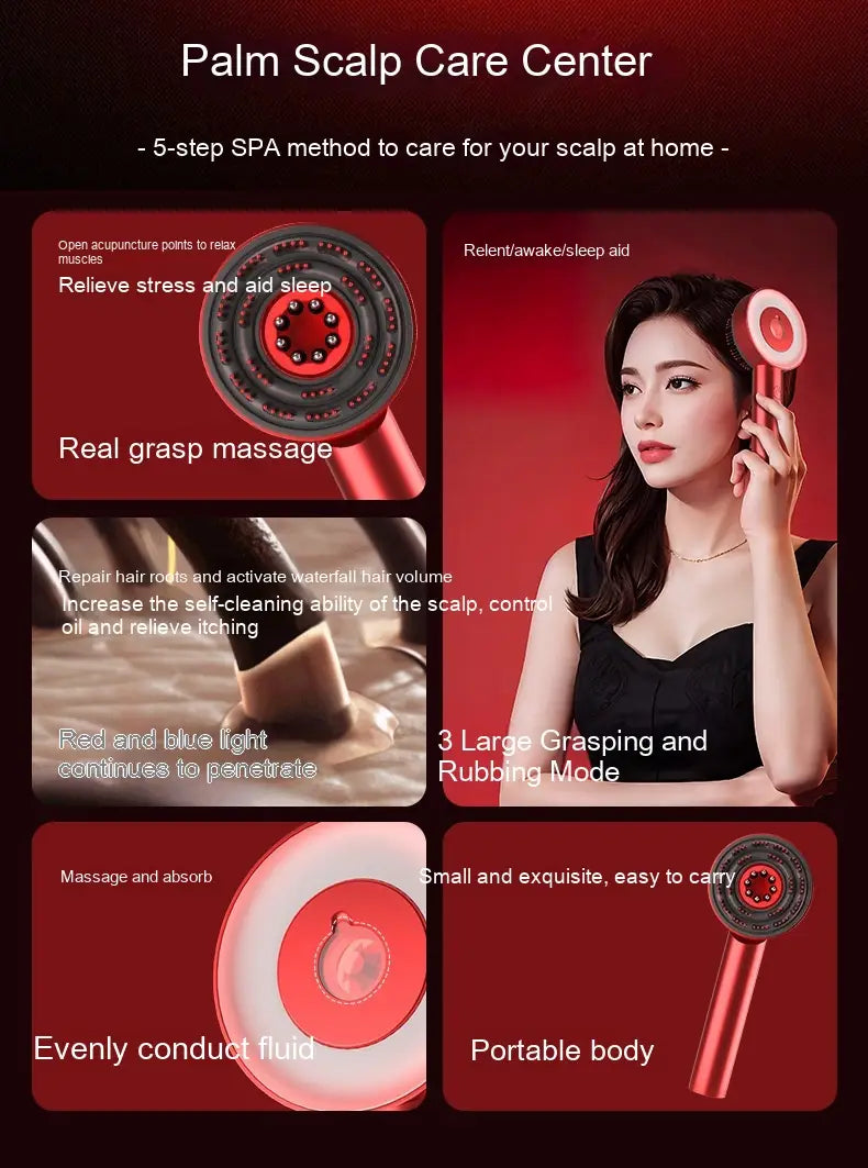 Red and black fluffy comb scalp massager handheld device with massage nodes and infrared led lights for hair care and scalp stimulation