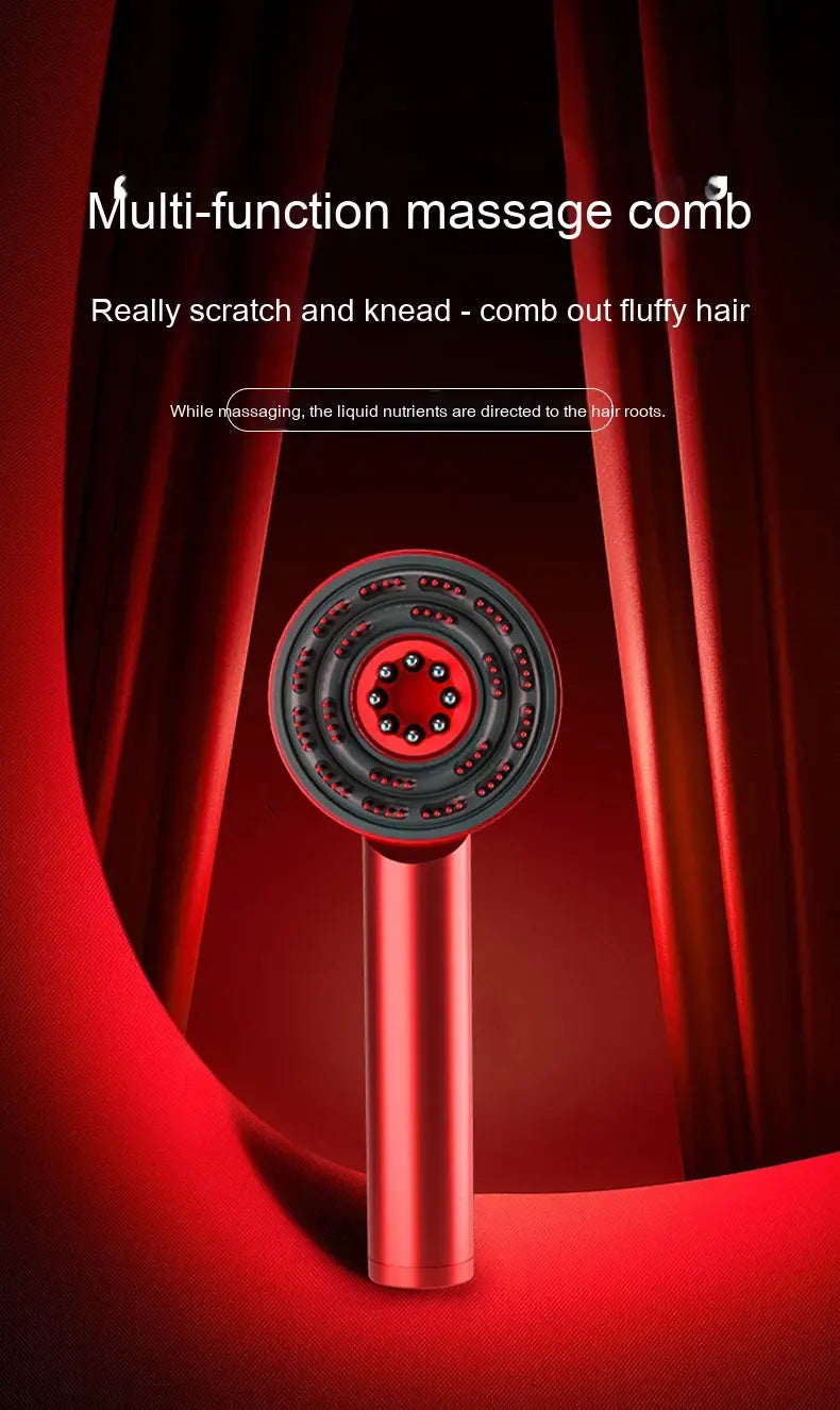 Red metallic fluffy comb scalp massager infrared device with a circular head featuring red and black textured nodes for scalp stimulation.
