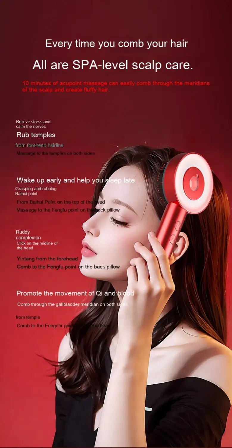 Red and white handheld fluffy comb scalp massager infrared hair care device with a circular head designed for gentle hair combing and scalp stimulation.
