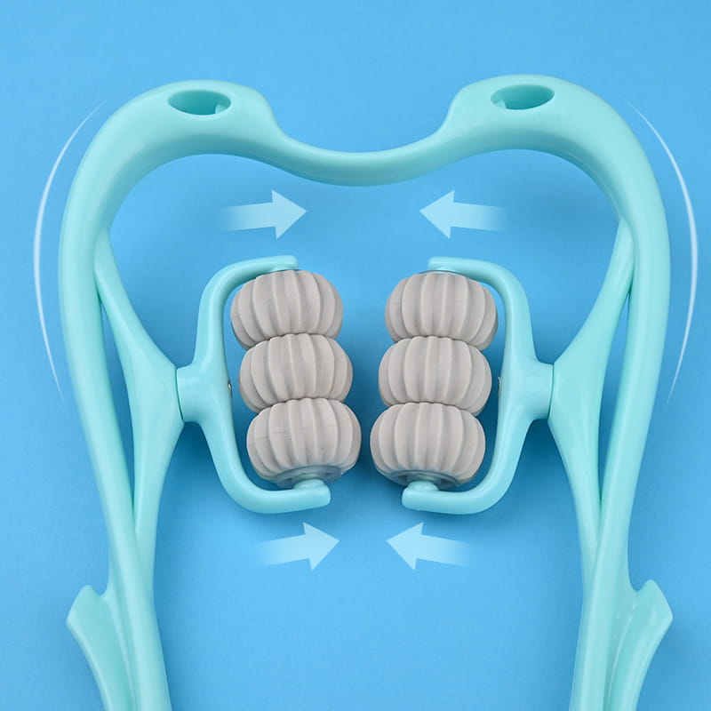 Light blue plastic neck massager massage tool with four beige segmented rollers designed for massager massage relieve.