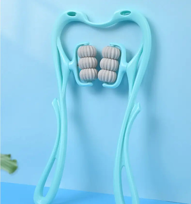 turquoise six wheel neck massager massage relieve tool made of light blue plastic with four beige ribbed rollers designed for effective neck massager massage.