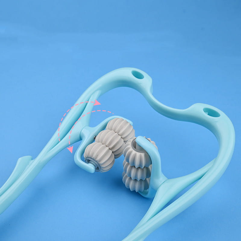 Light blue plastic neck massager with three textured gray roller heads designed for neck massager massage and massager massage relieve.