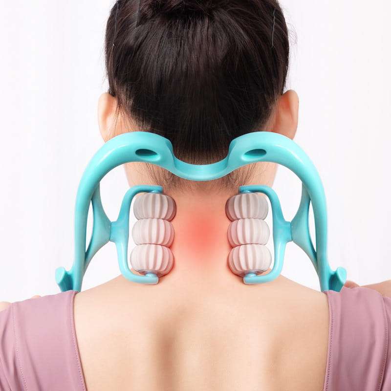 Turquoise six wheel neck massager made of plastic with three textured rollers on each side for effective neck massager massage and relief.