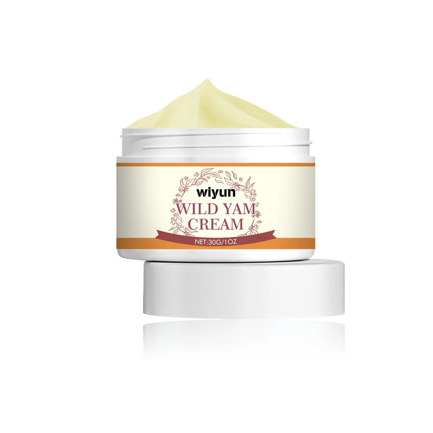 a white jar of wiyun wild yam anti aging face cream with a beige floral label and orange border containing pale yellow aging face cream.