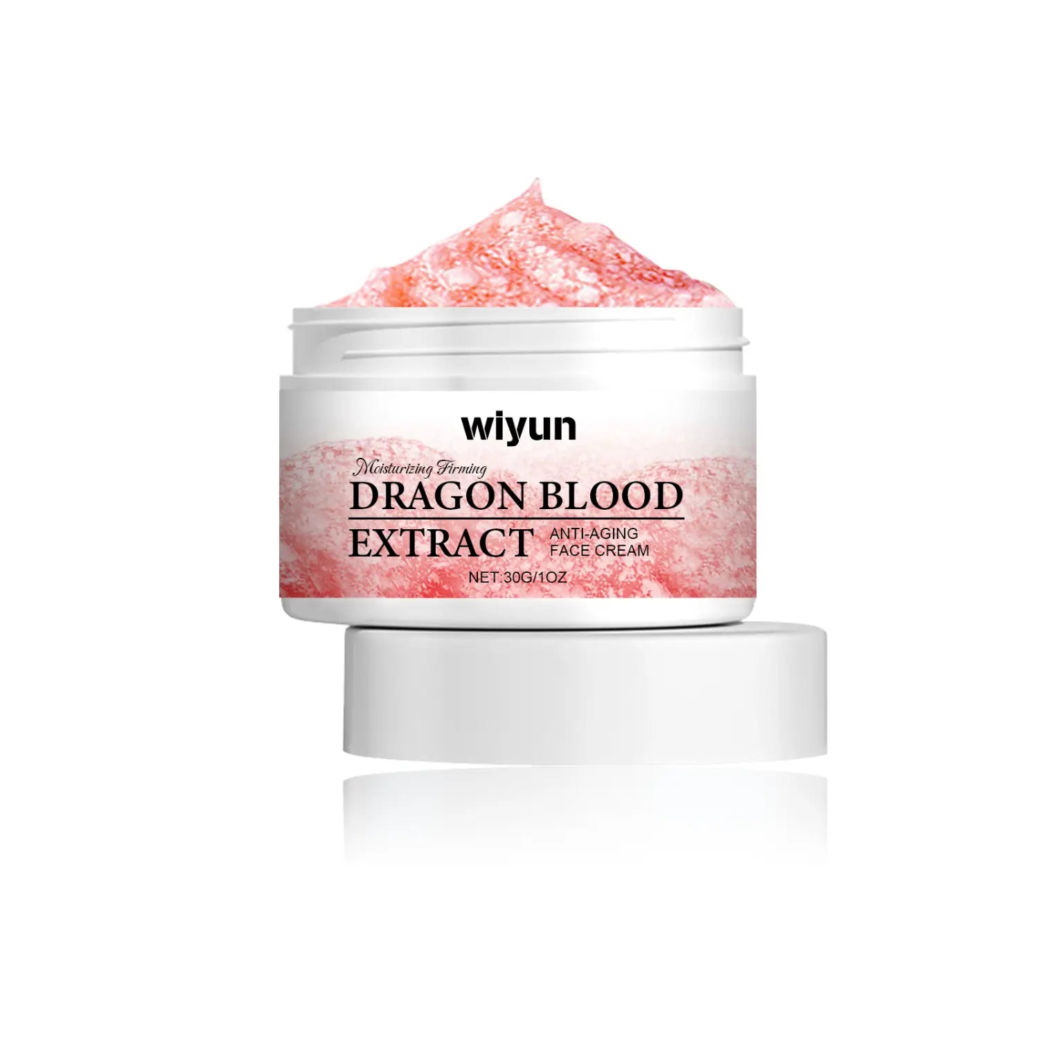 a white cylindrical jar of wiyun dragon blood extract anti-aging face cream with pinkish-red textured cream inside and a translucent label with black text.