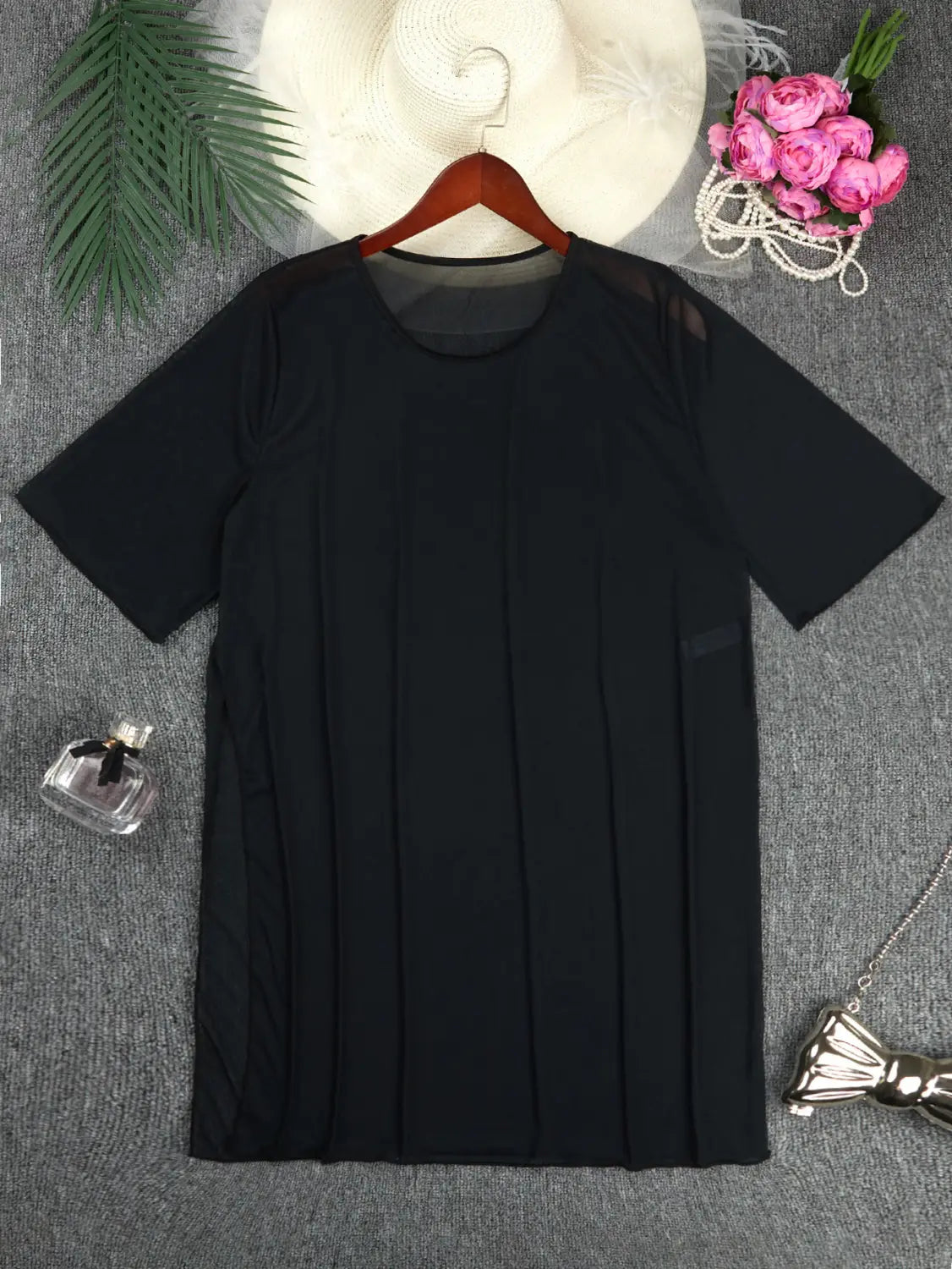plus size blouse bikini swimsuit cover up in black pleated short-sleeve design with sheer mesh neckline and side panels