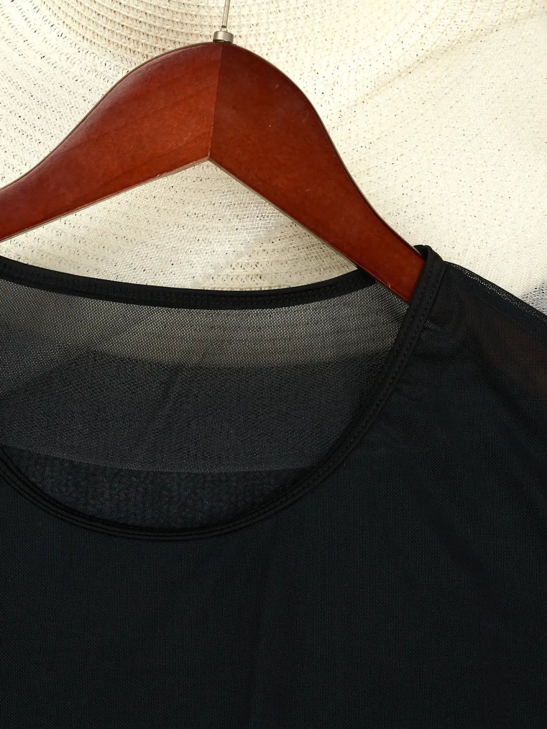 plus size blouse bikini swimsuit cover up in black mesh with a solid black neckline and sheer overlay