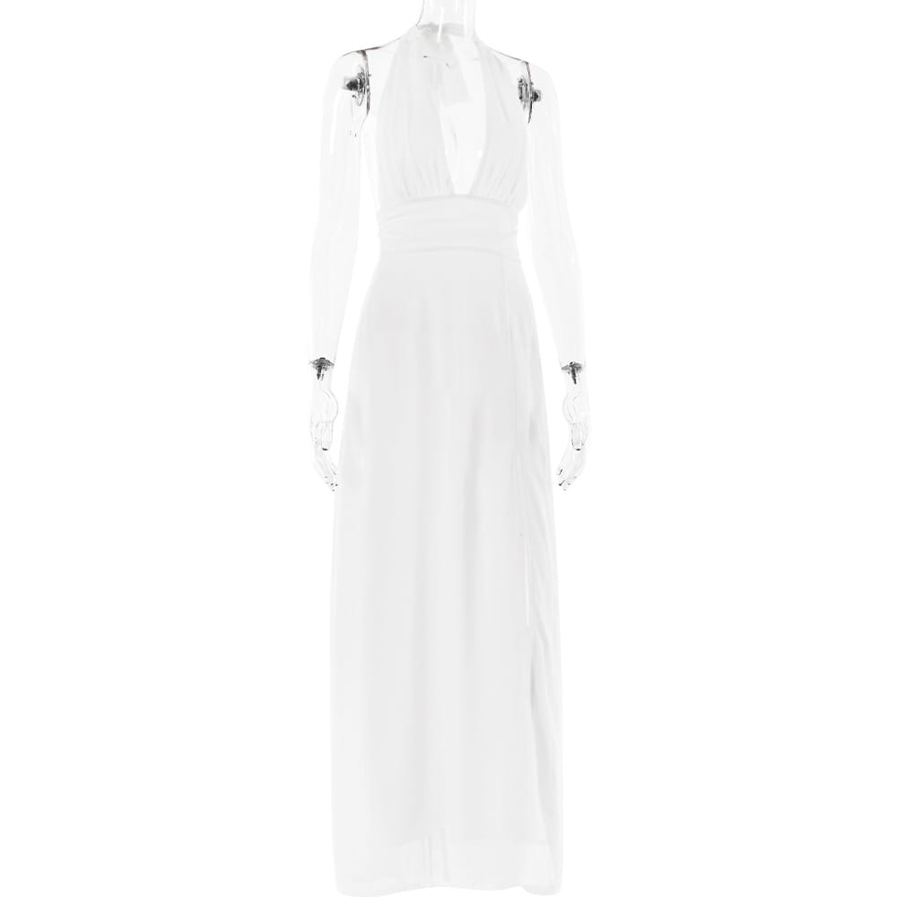 white flowing maxi slit dress summer with deep v-neckline delicate shoulder straps and backless strappy design