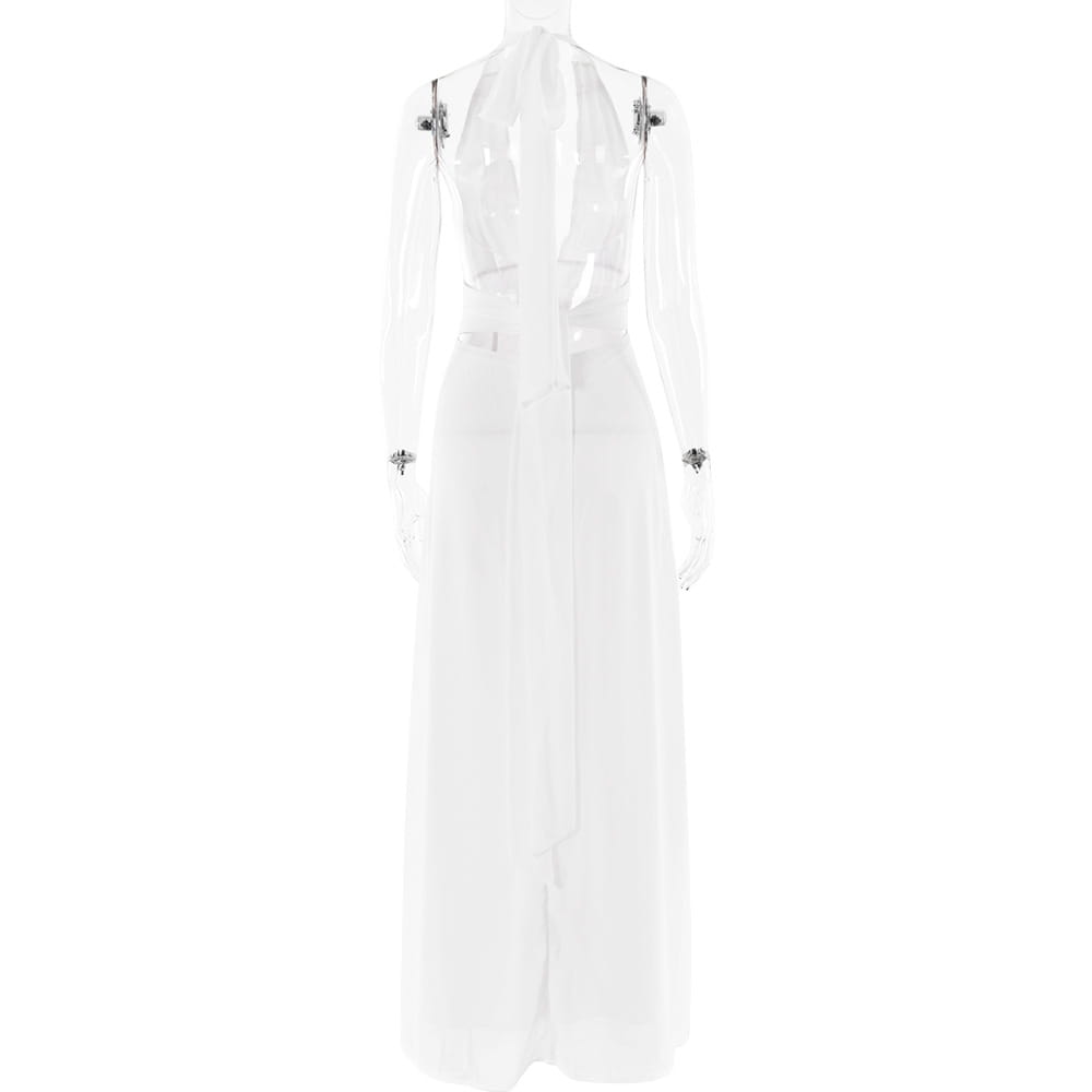 A translucent white slit dress summer featuring a sleek form-fitting silhouette with metallic embellishments at the shoulders and cuffs.