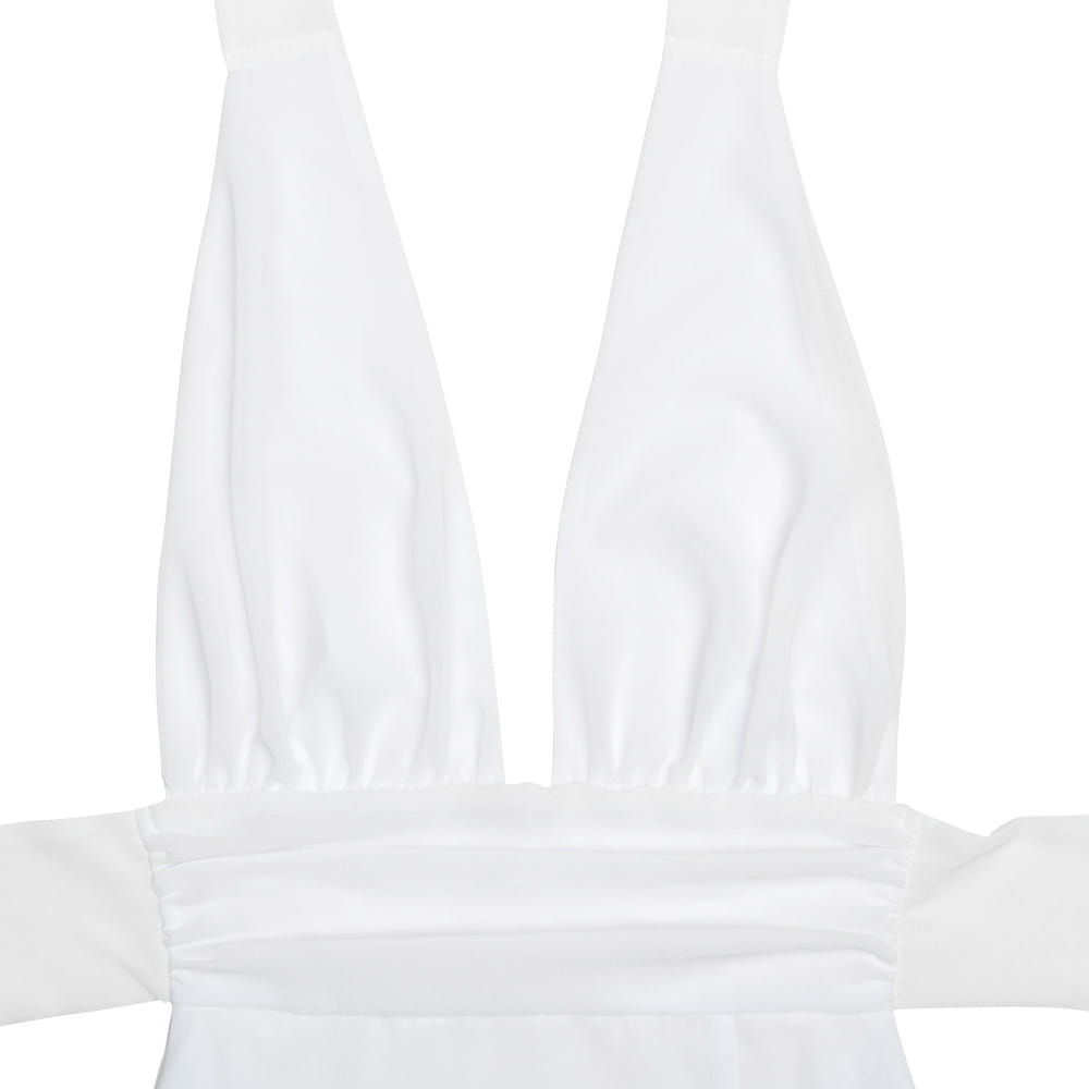 white halter-neck swimsuit with ruched detailing and a plunging neckline shown with a pink v-neck slit dress summer backless strappy maxi