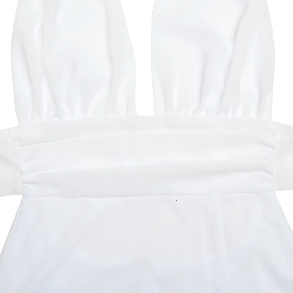white bunny-ear halter top made of soft fabric with a gathered waistband paired with a pink v-neck slit dress summer backless strappy maxi.