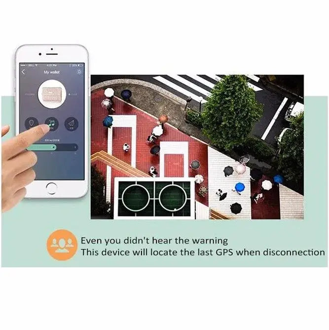 White smartphone displaying a wallet tracking app interface for the black water drop anti lost object finder designed to prevent lost objects.