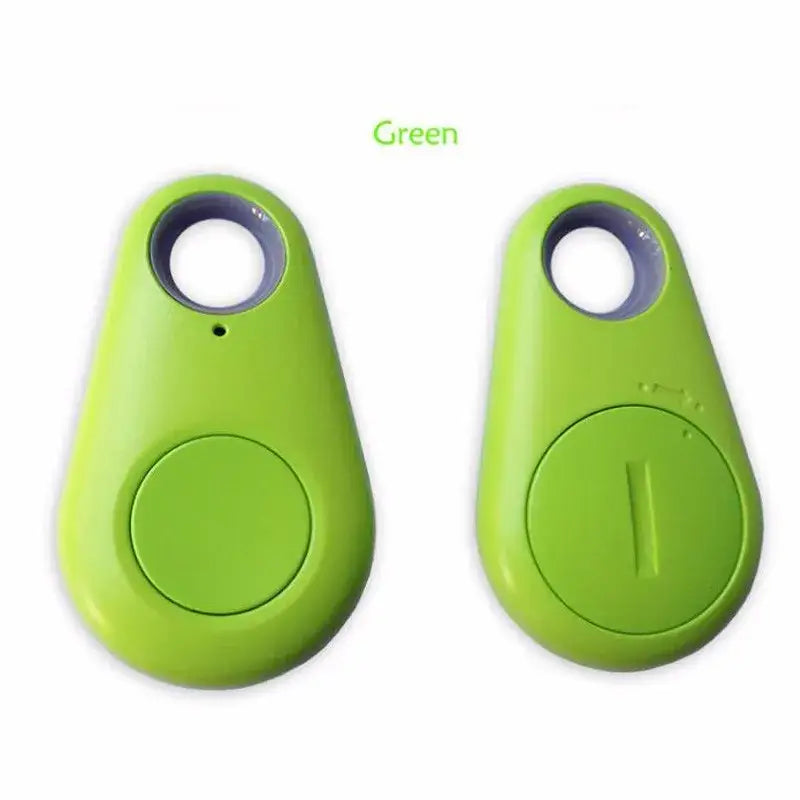 Bright green sleek plastic water drop shaped anti lost object bluetooth tracker with circular button and top hole for lost object finder.