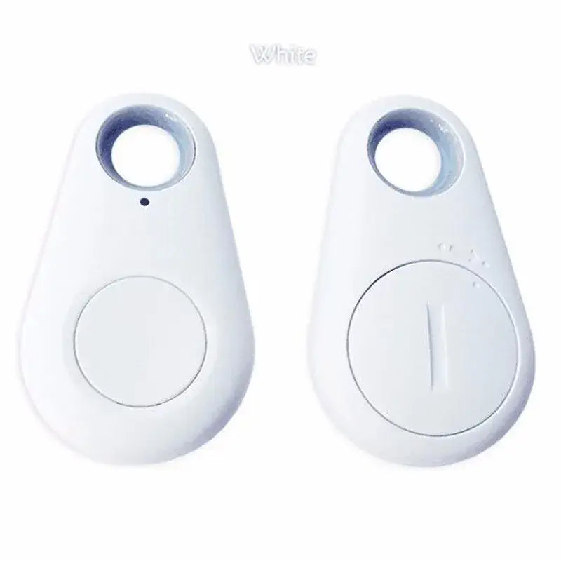 White bluetooth anti lost object finder in a smooth rounded teardrop shape with a circular button on the front for use as a water drop lost object finder.