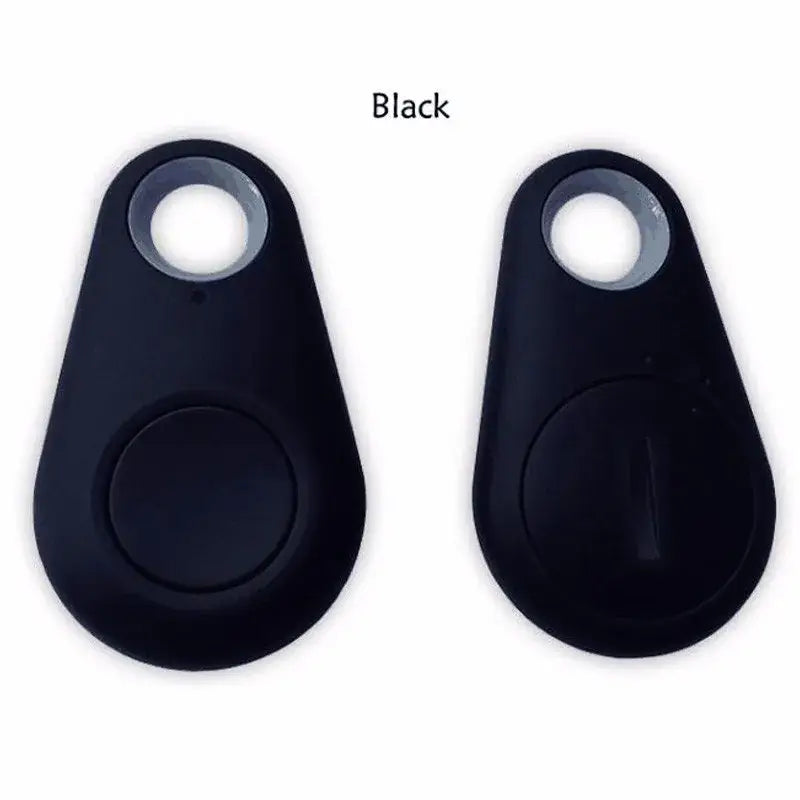 Black silicone water drop shaped anti lost object finder bluetooth tracker with a circular button and attachment hole.