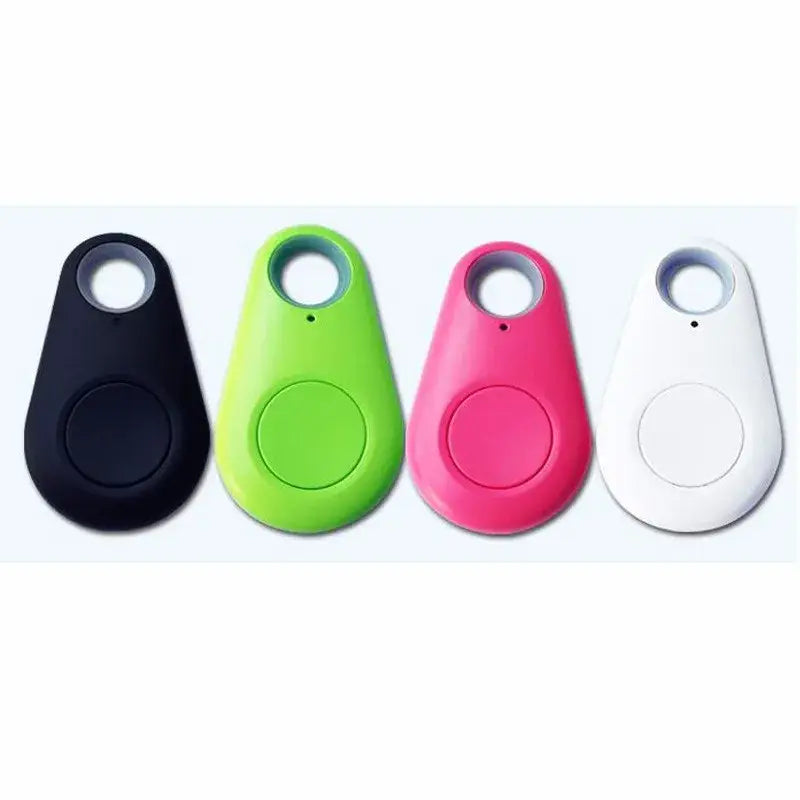four sleek teardrop-shaped bluetooth anti lost object finders in black lime green pink and white designed as water drop trackers