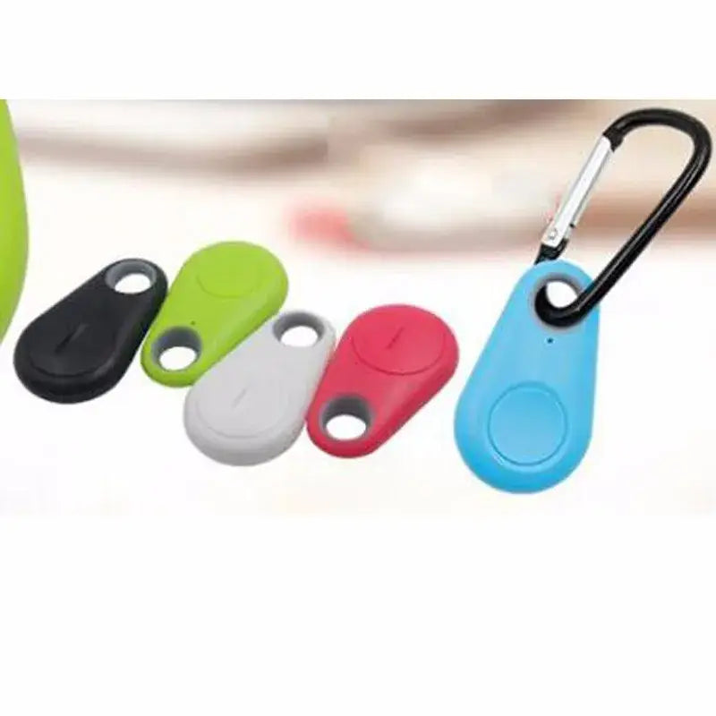 blue silicone anti lost object water drop bluetooth tracker with black carabiner clip designed as a lost object finder