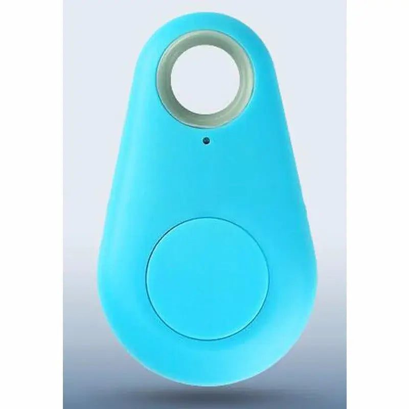 A sleek light blue silicone-trimmed black water drop anti lost object lost object finder bluetooth tracker with a circular button and central sensor.