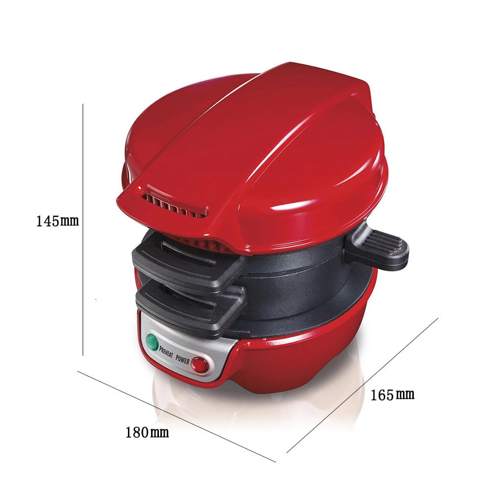 red hamilton beach electric hamburger maker and egg toaster with black accents and a green power button from royale essence lux designed for efficient cooking.