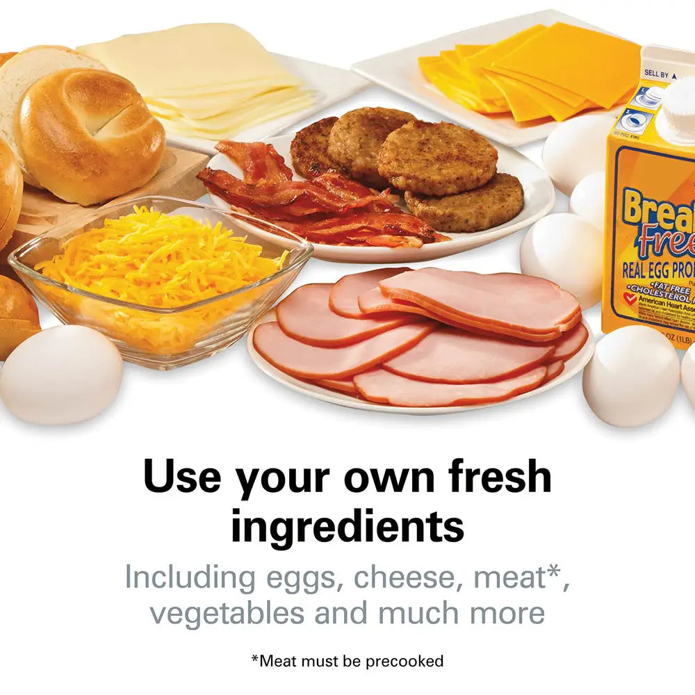 yellow carton of royale essence lux breakfast free real egg protein powder next to an electric hamburger maker and egg toaster designed for easy breakfast preparation