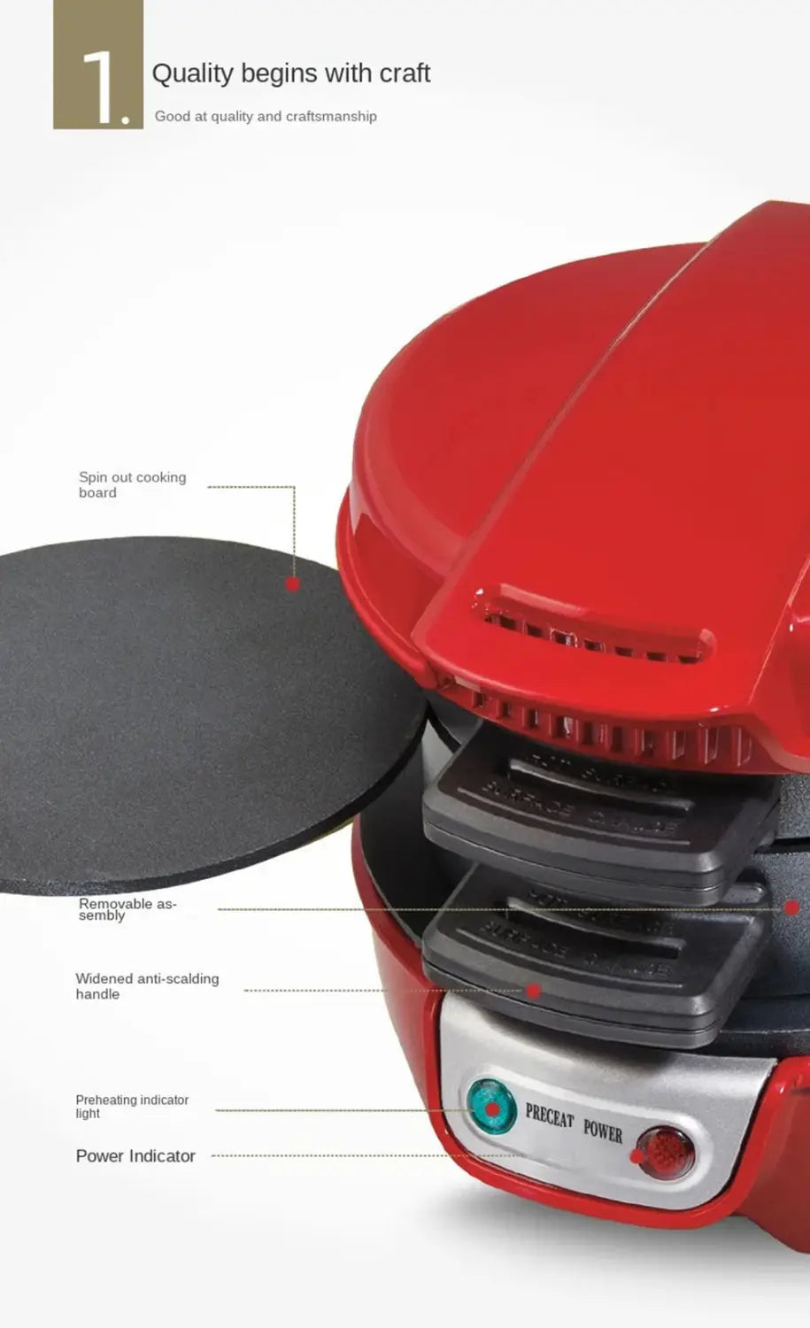 Red and black royale essence lux electric hamburger maker and egg toaster with a circular cooking surface and removable assembly design for multi-egg cooking.