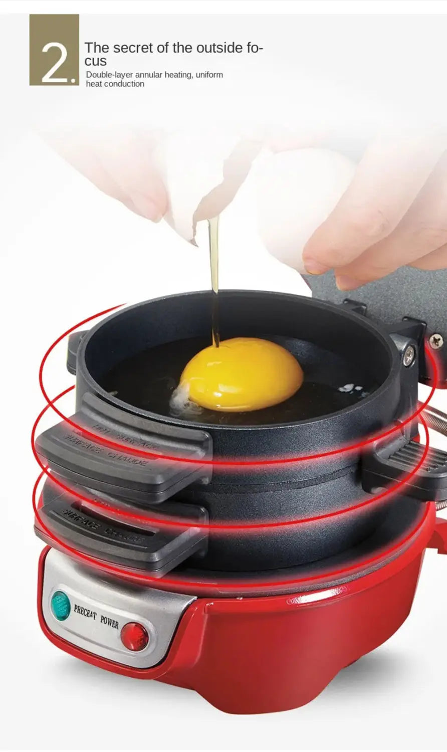 Red royale essence lux electric hamburger maker and egg toaster featuring black cooking plates and a silver control panel for versatile breakfast preparation.