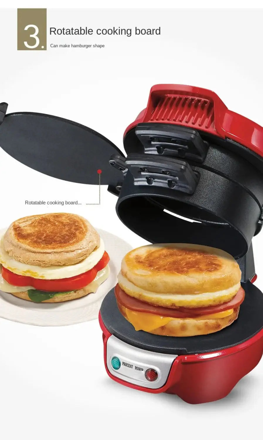 Red and black rotatable electric hamburger maker and egg toaster by Royale Essence Lux featuring a hamburger-shaped design and a control panel with green preheat and red touch buttons.