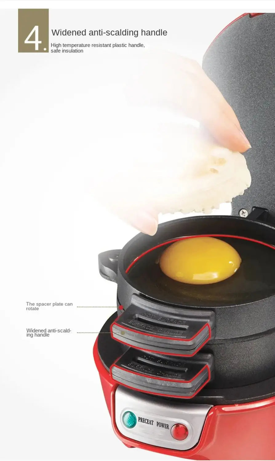 red and black royale essence lux electric hamburger maker and egg toaster with multi-egg cooking capacity and wide anti-scalding plastic handle
