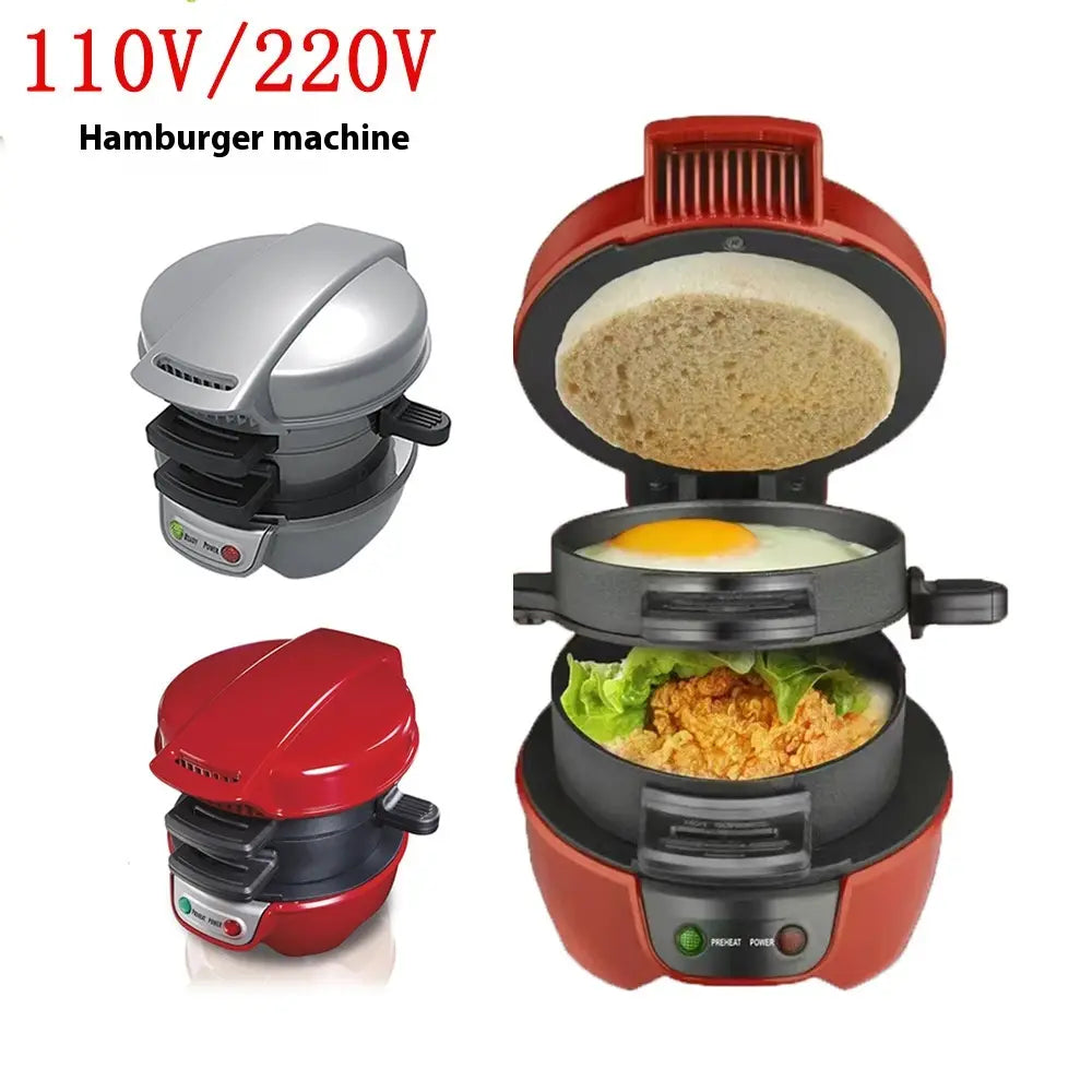 Red and black electric hamburger maker and egg toaster by royale essence lux with a round two-part design featuring a visible egg and fried chicken patty inside.