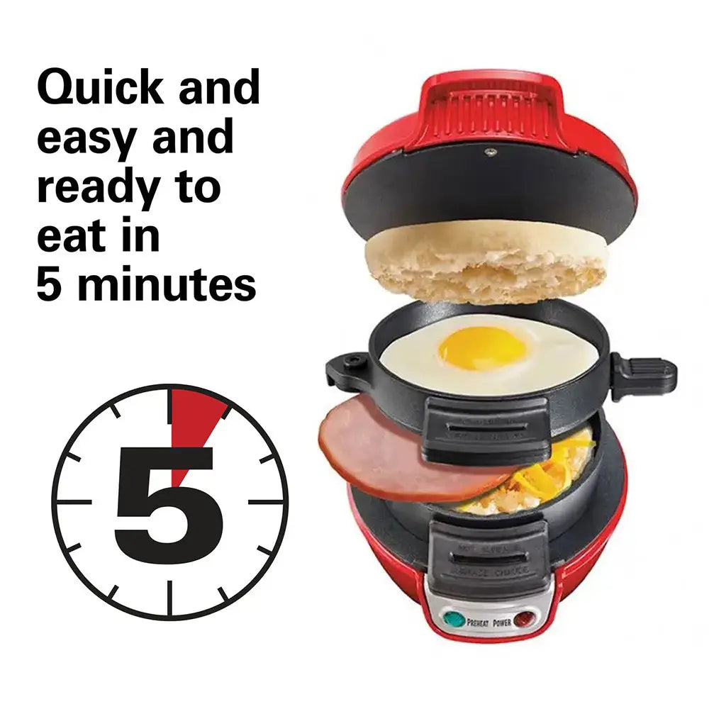 royale essence lux red and black electric hamburger maker and egg toaster with sandwich in progress featuring egg ham and cheese on a bun