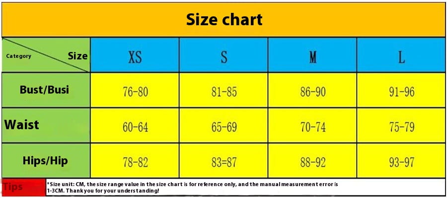 yellow and blue size chart with green headers showing bust waist and hips measurements for xs through l sizes of a floral v-neck split comfort casual dress