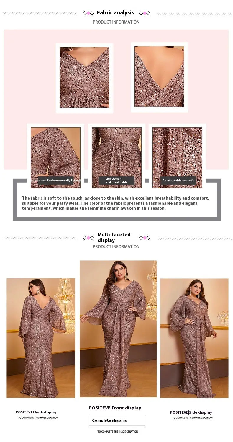 A flowing rose gold sequin long sleeved evening gown with an elegant v-neckline and flared sleeves.